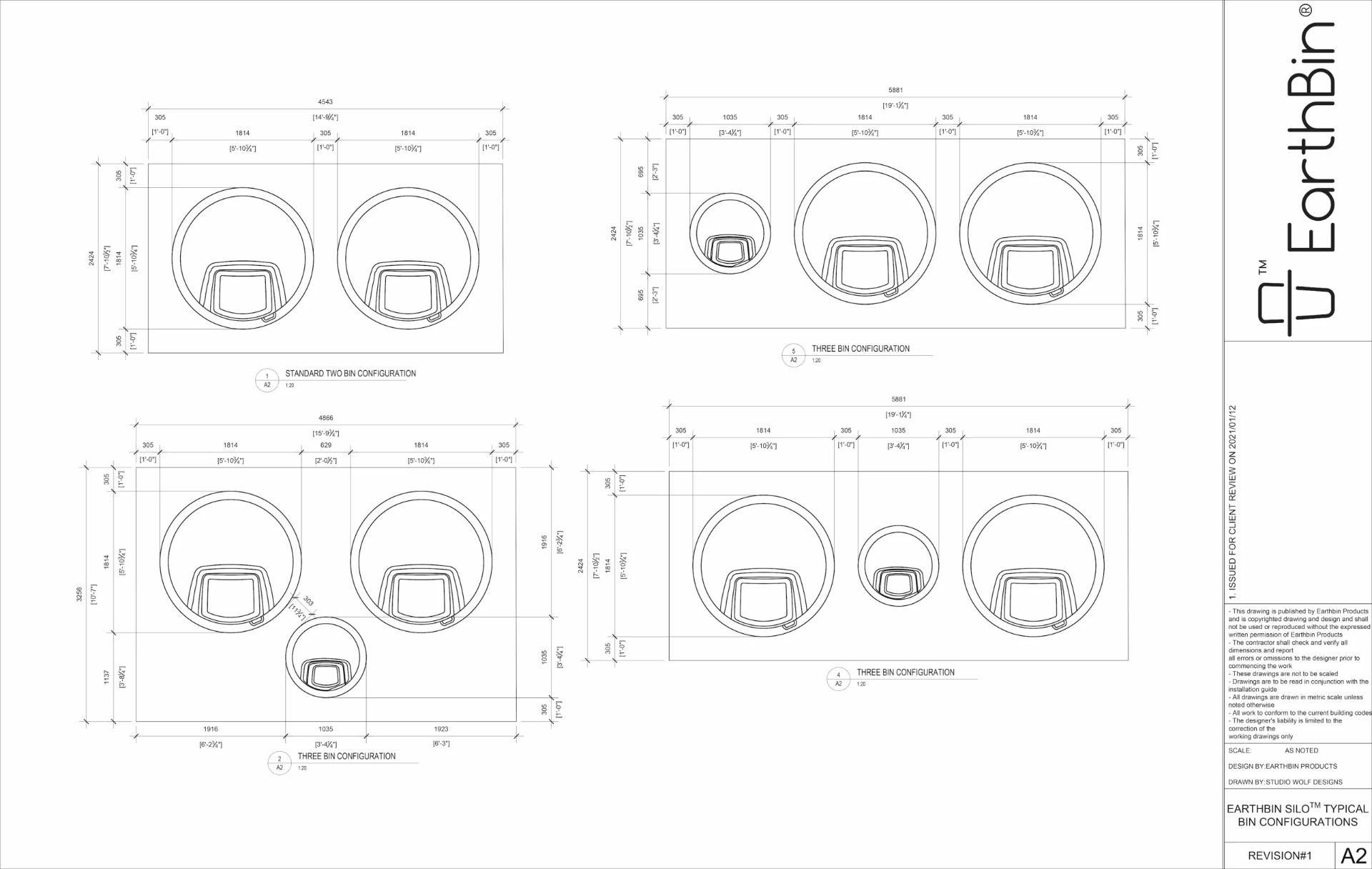 EarthBin Silo drawing sheet A2 — Typical Bin Configurations — 2 & 3 Bins